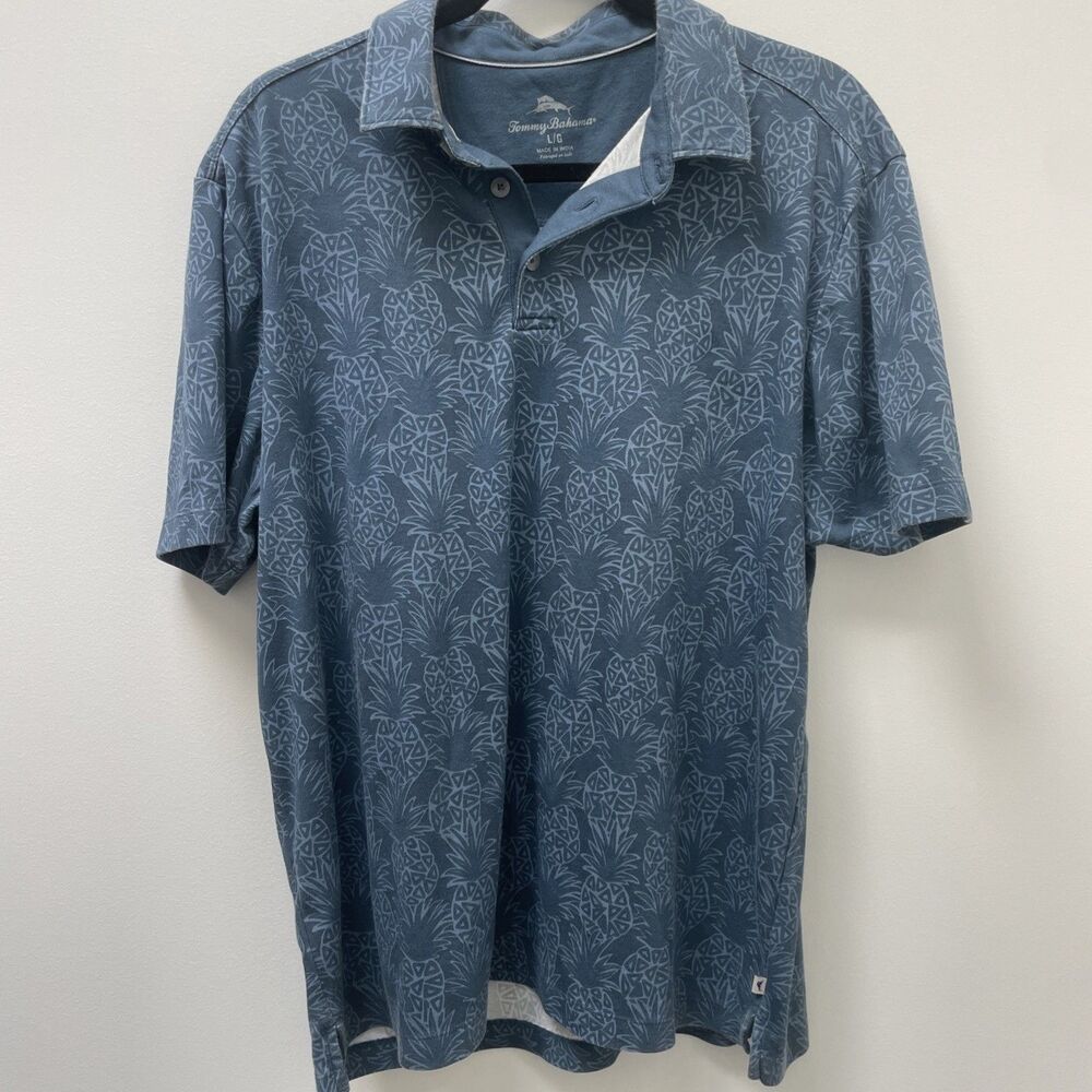 Tommy Bahama Men's Pina Grove Pineapple Pique Polo Shirt Blue Short Sleeve Large